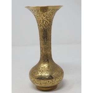Vintage Hand Etched Floral Brass Bud Vase RR Made In‎ India 5332 PE